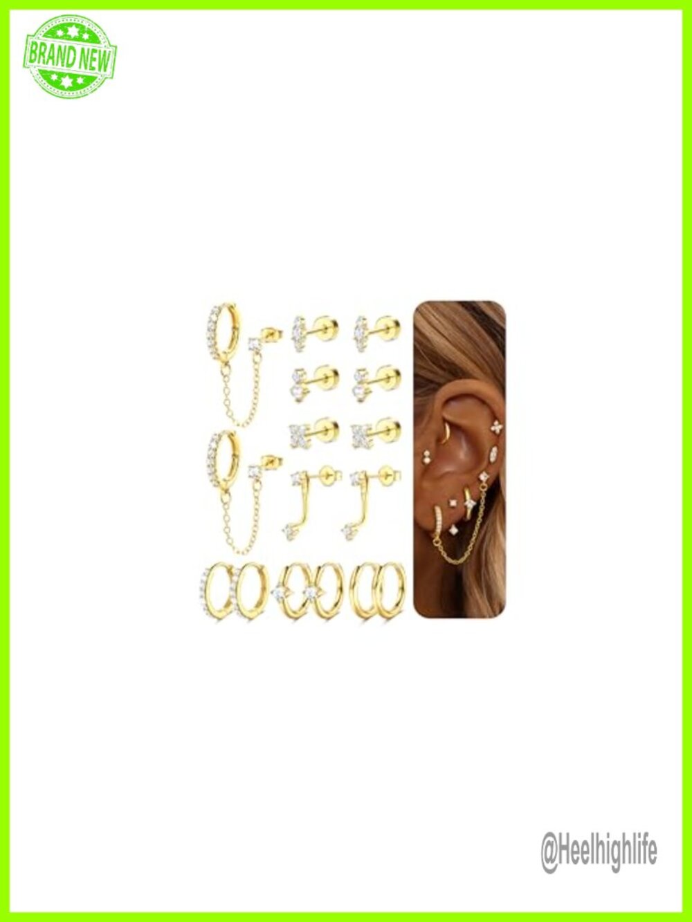 Flat Back Stud Earrings Hypoallergenic 14K Gold Plated Cartilage Set